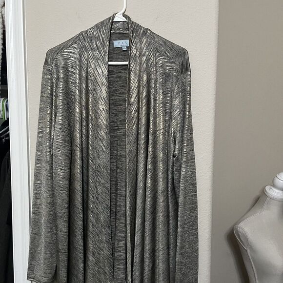 Joan Vass Gold Metallic Cardigan Womens Open Front Knit Plus Size XL - Picture 2 of 8